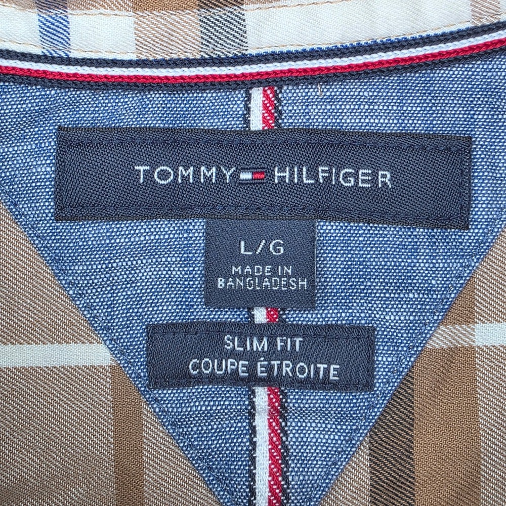 Tommy Hilfiger Plaid Button Down Shirt Mens Large Brown Slim Fit 78J7391 - Picture 3 of 8